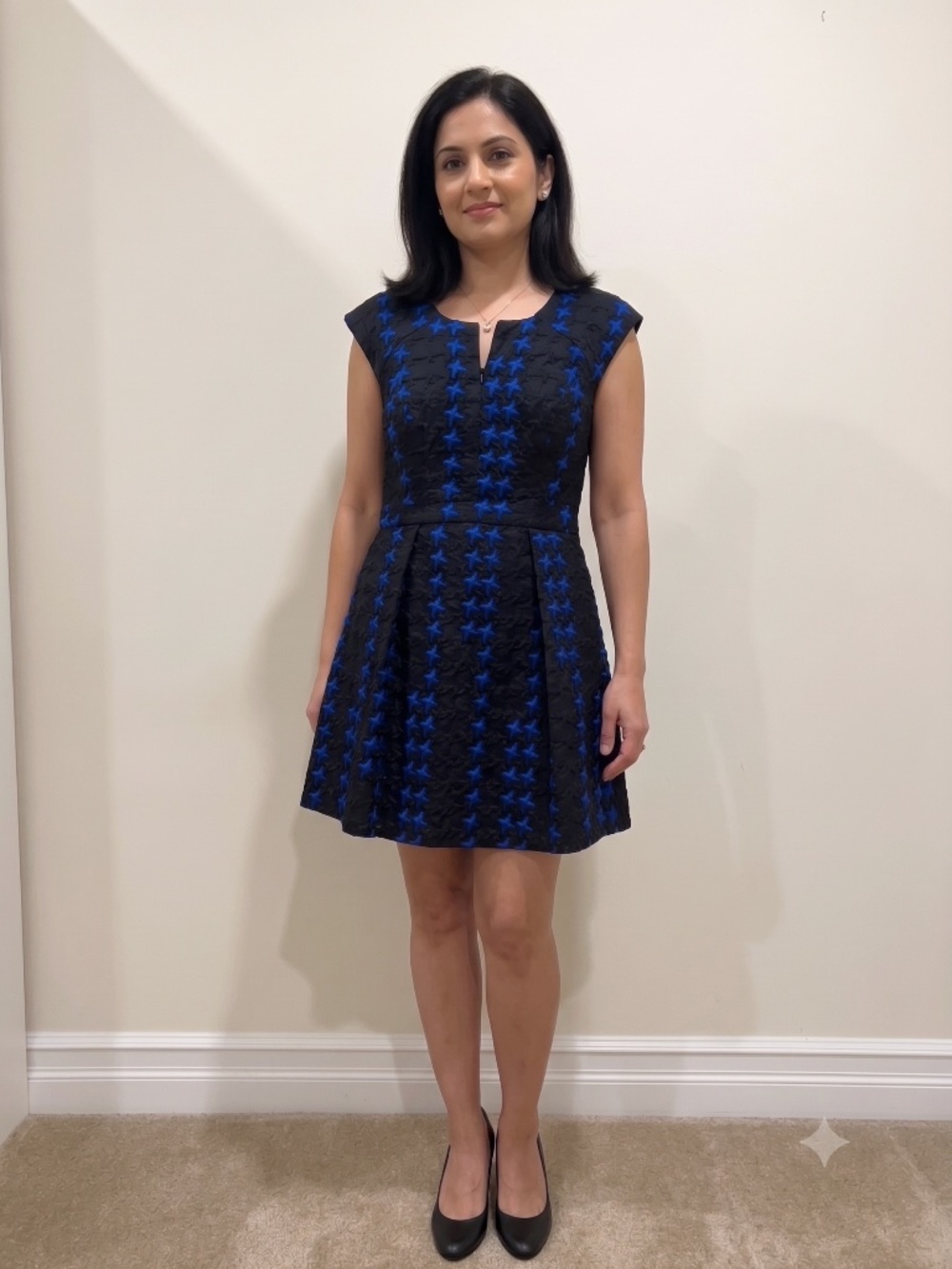 Milly Royal Blue & Black Cloque Jacquard Fit & Flare Dress - Size 8